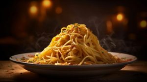 Closeup of a plate of cooked spaghetti on a wooden table