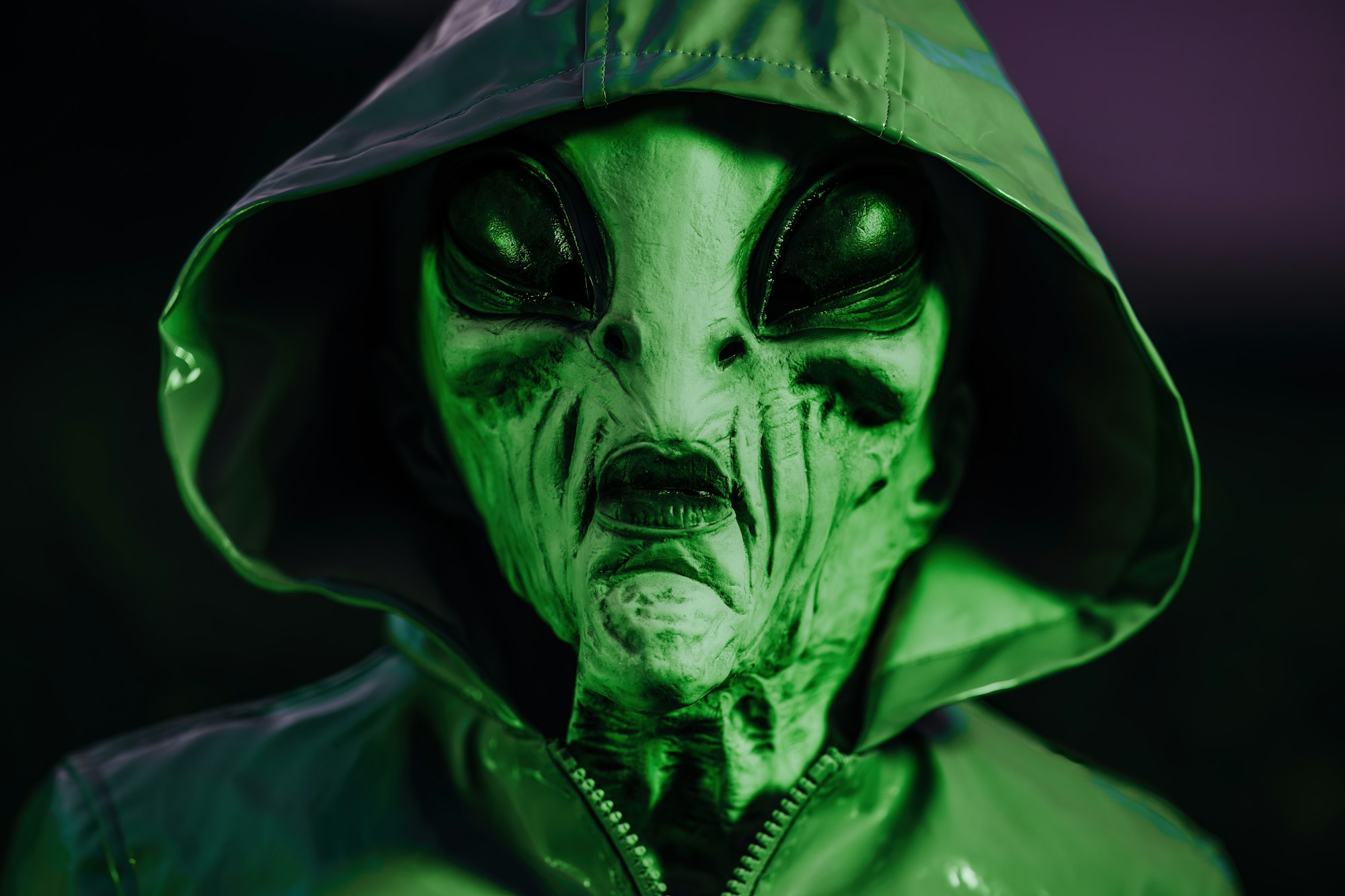 Spooky alien under green neon light. Scary mask, vinyl smooth raincoat. UFO